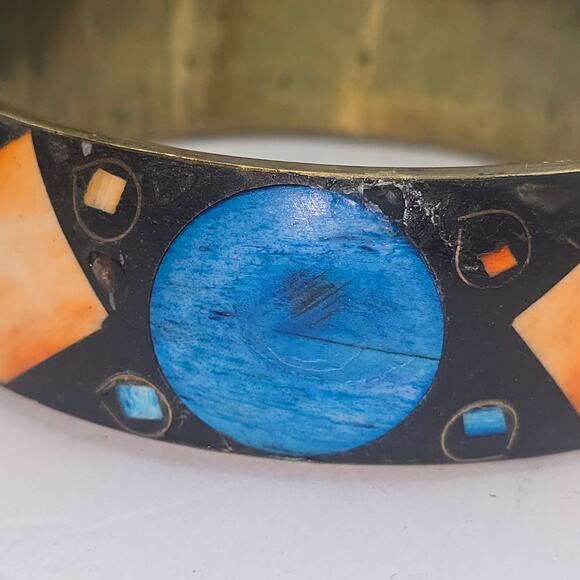 VTG MCM Atomic Cosmic 3/4” Brass Bangle BK OR & BL Bovine Bone Inlay SZ 8.75 - Picture 8 of 10